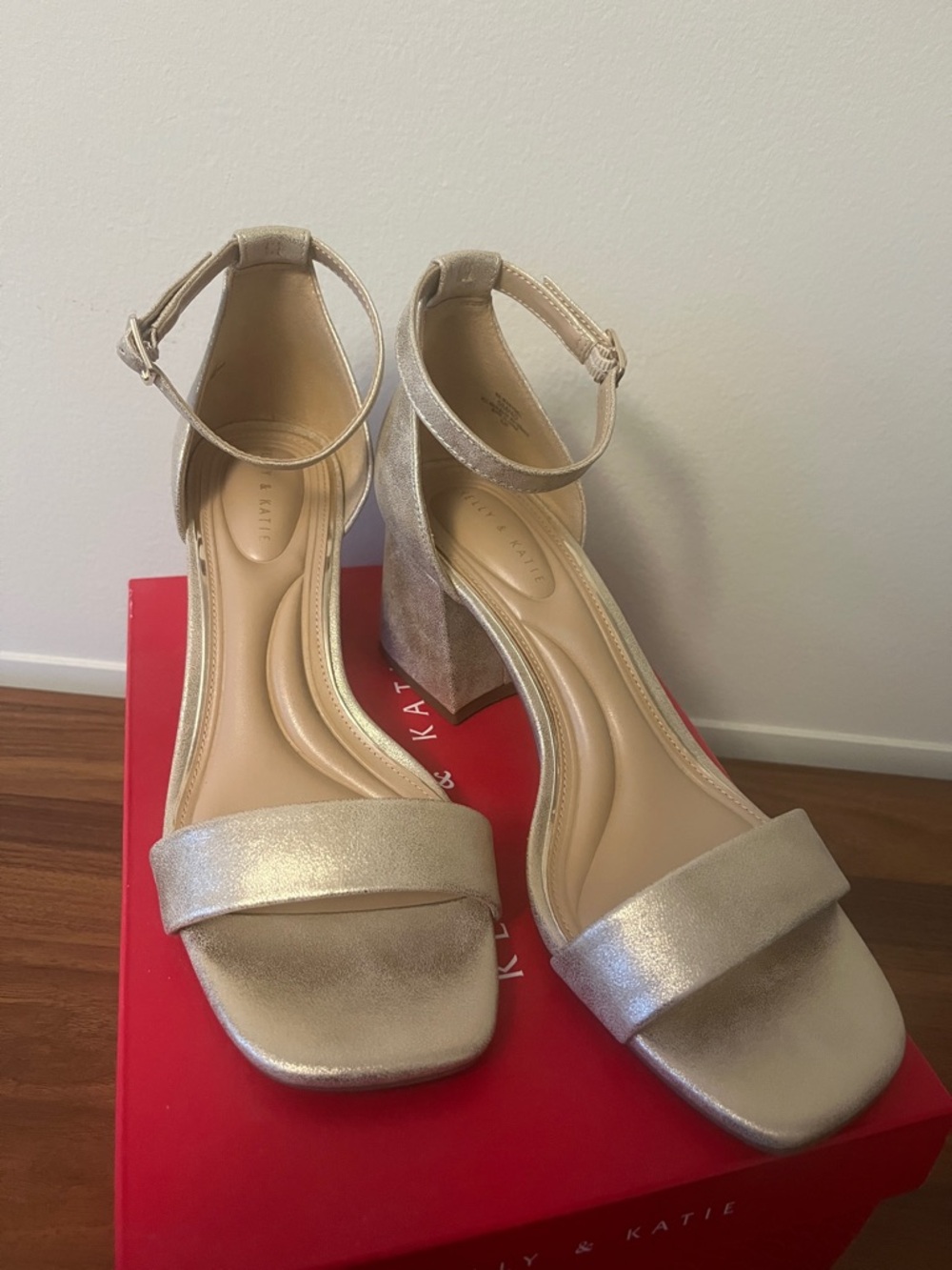 Kelly & Katie Metallic Champagne Ankle-Strap Block Heels